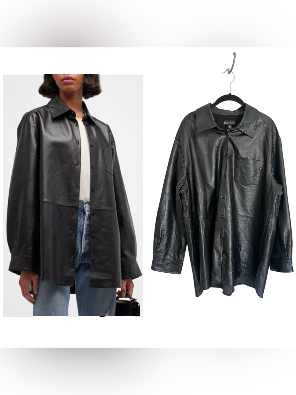 Lamarque Estelle black leather oversized shirt button down sz M/L buttery soft